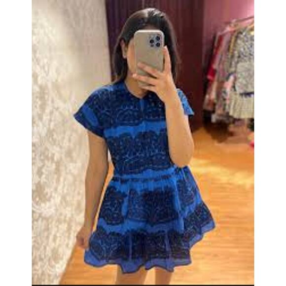 Zara Cobalt Blue Floral Embroidered Boho Mini Dress Baby Doll Tent Dress Medium - Picture 2 of 11